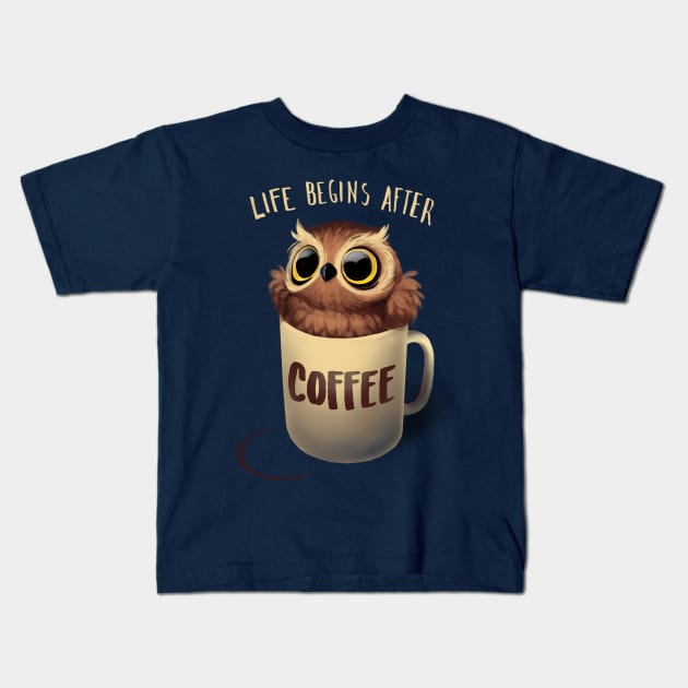 Night Owl - Fluffy Cute Bird - Morning Coffee Kids T-Shirt by BlancaVidal